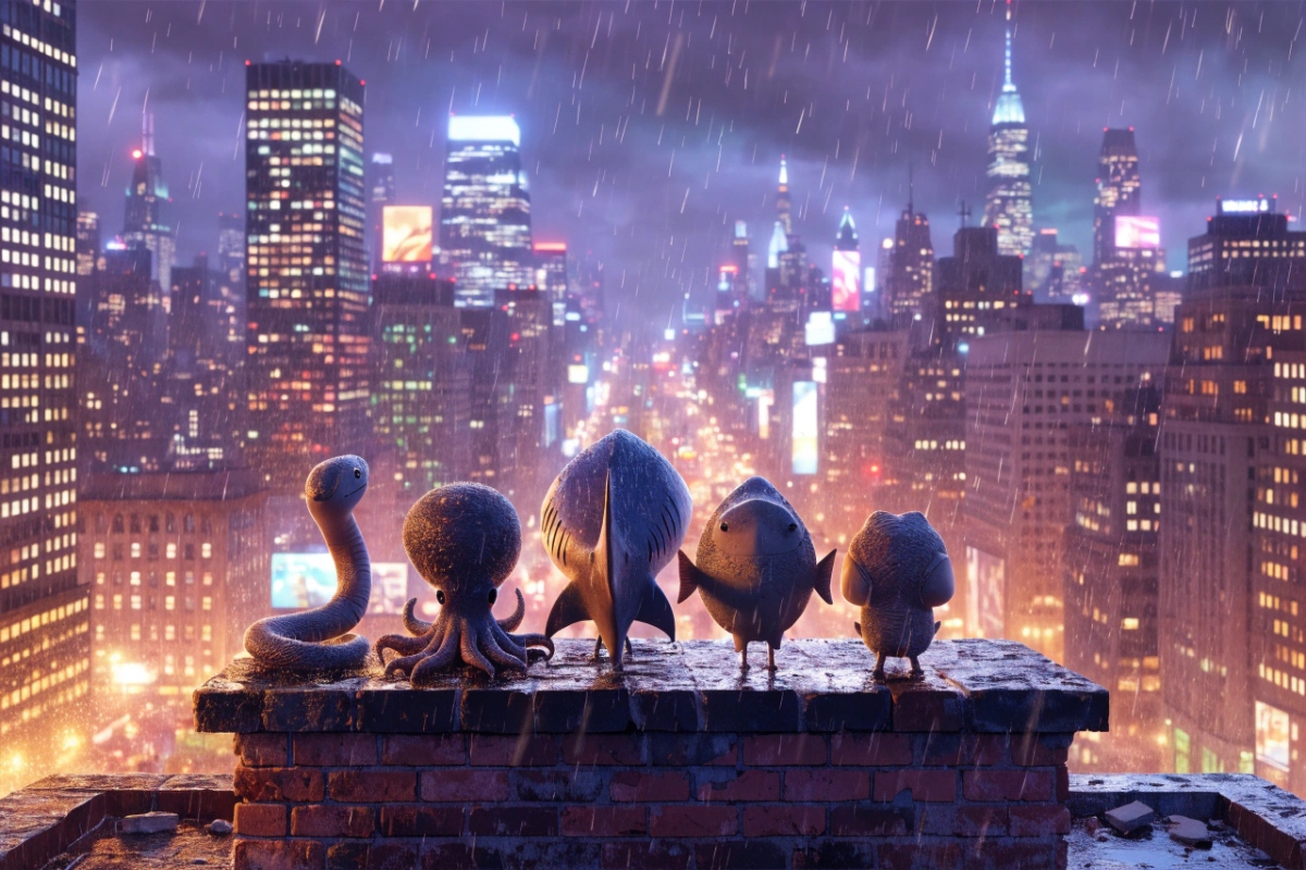 Animaux en équipe dans une ville colorée animée