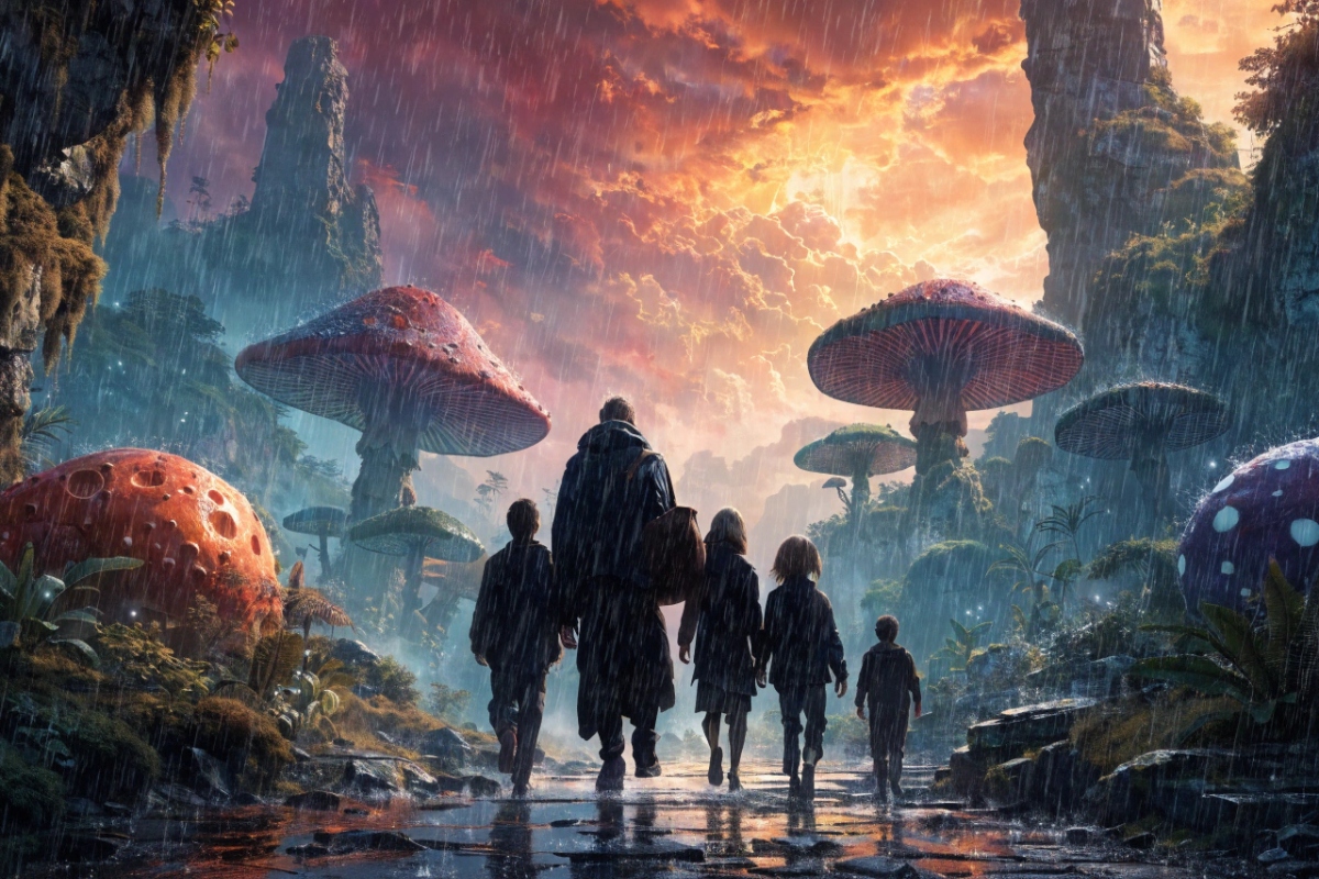 Silhouettes d'une famille observant un paysage préhistorique coloré 