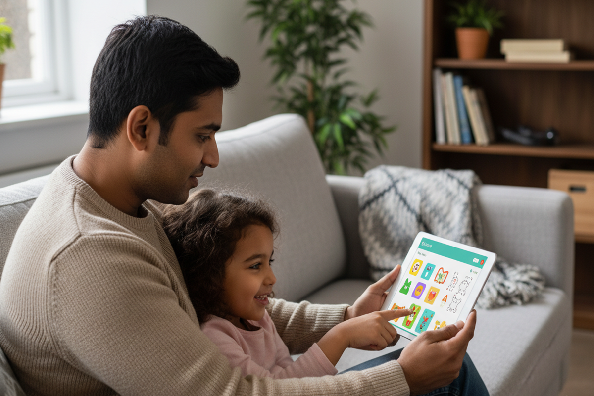 Un parent qui joue avec un enfant sur tablette