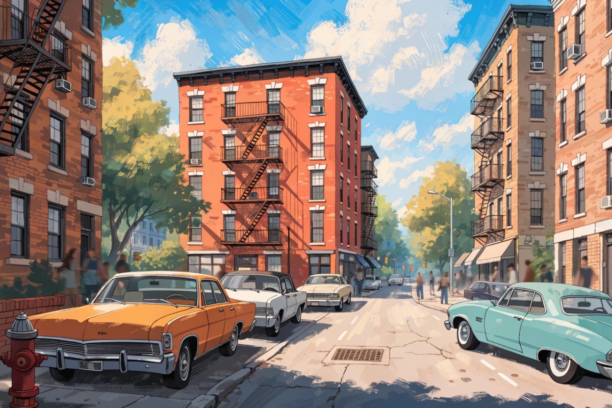 Un quartier de banlieue des années 70 au style animé