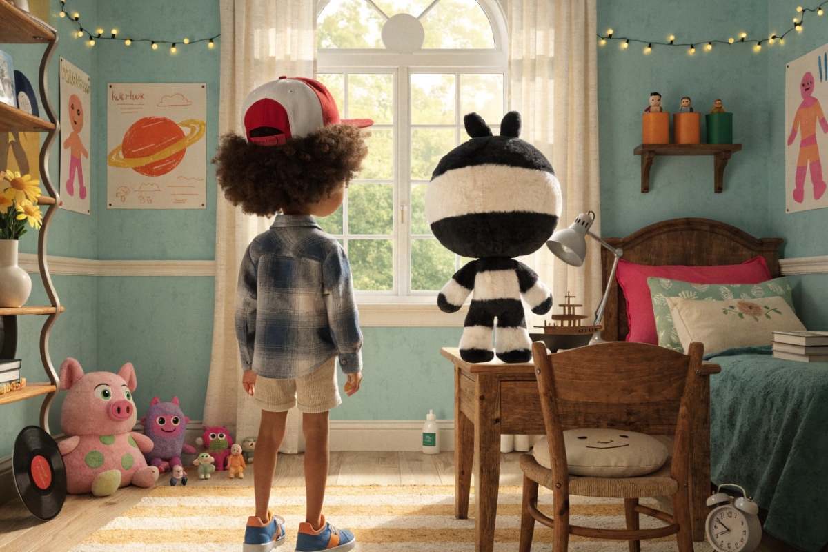 Un enfant et une poupée ninja dans une chambre colorée 