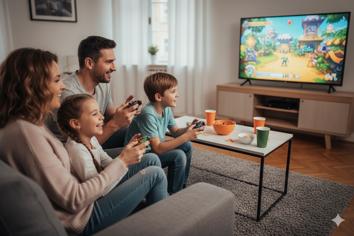 parents et enfants en train de jouer en famille
