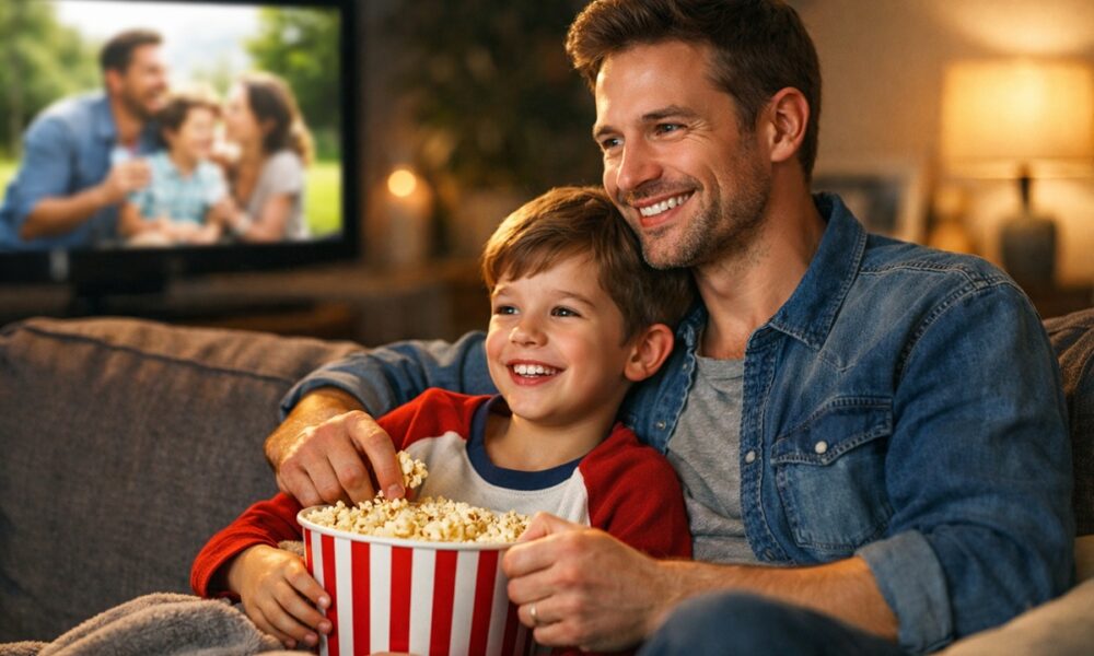 Un père et son fils devant un film
