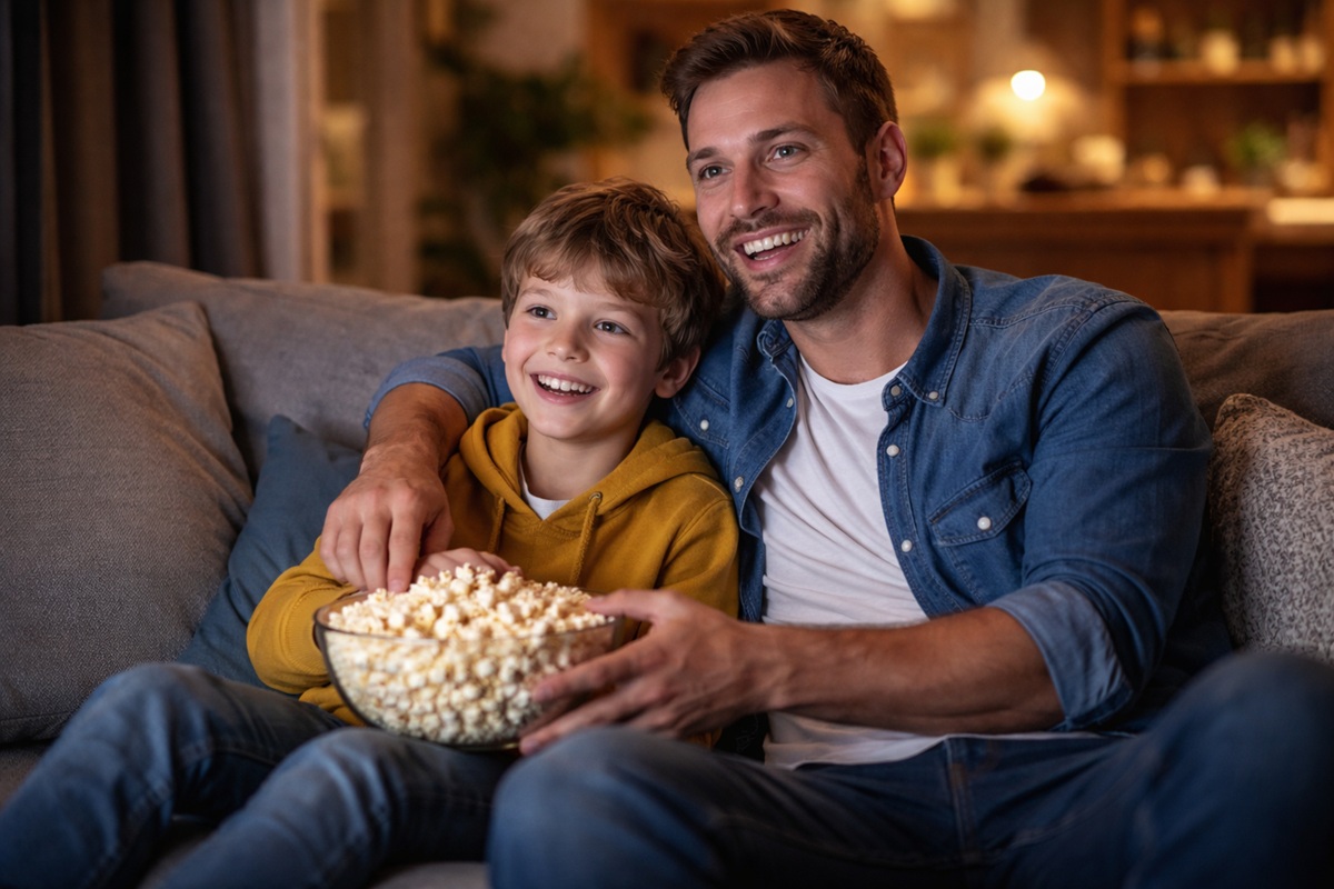 Un père et son fils devant un film