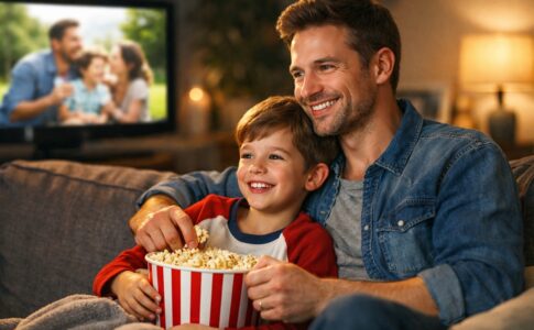 Un père et son fils devant un film