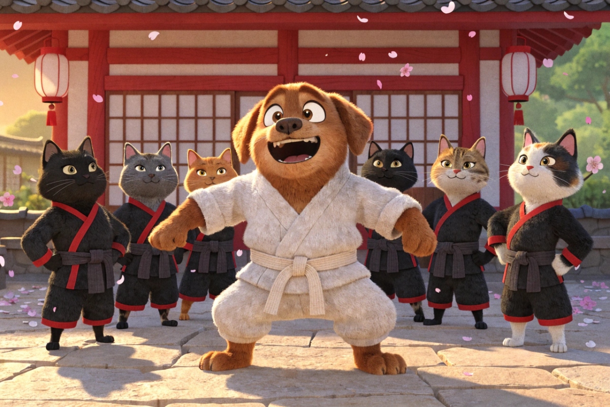 Un chien en kimono face à des chats samouraïs
