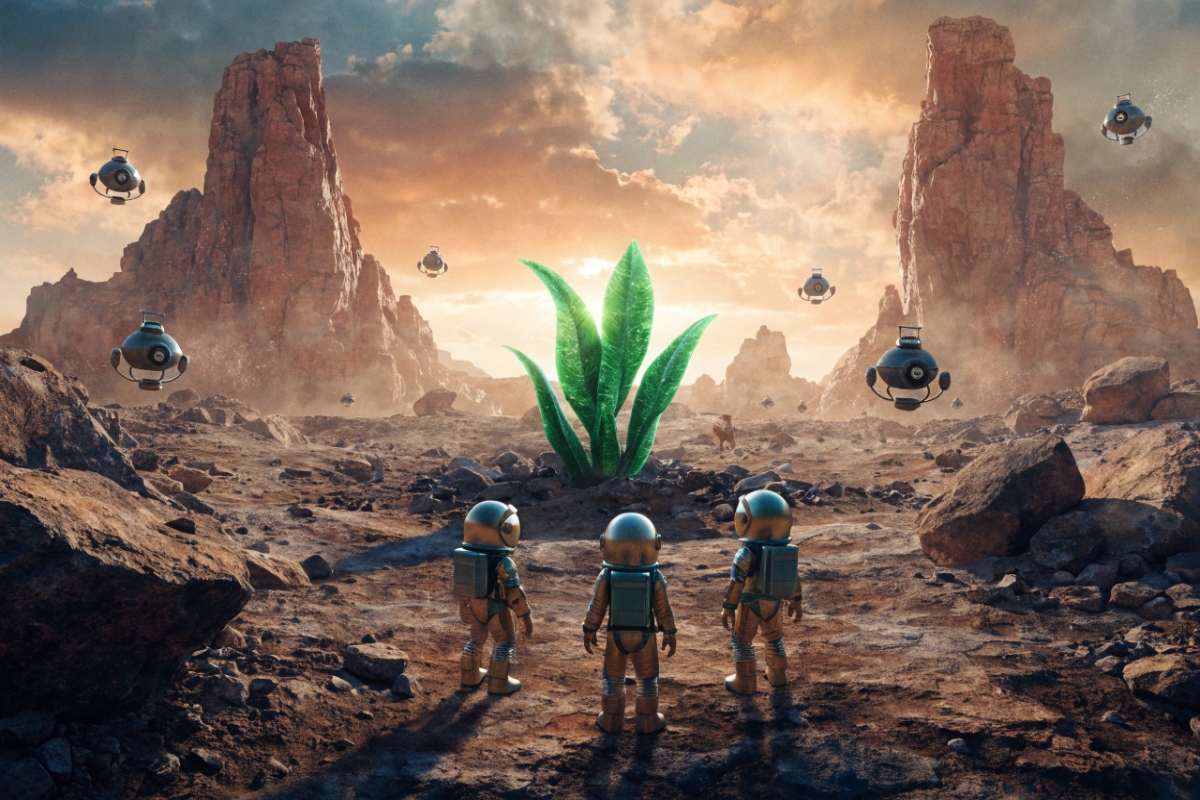 Trois astronautes explorant une planète désertique colorée