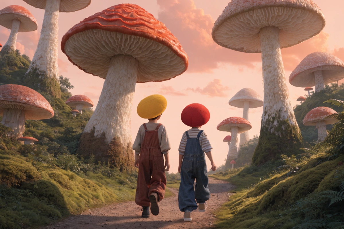 Deux personnages en tenue de plombier dans un royaume de champignons