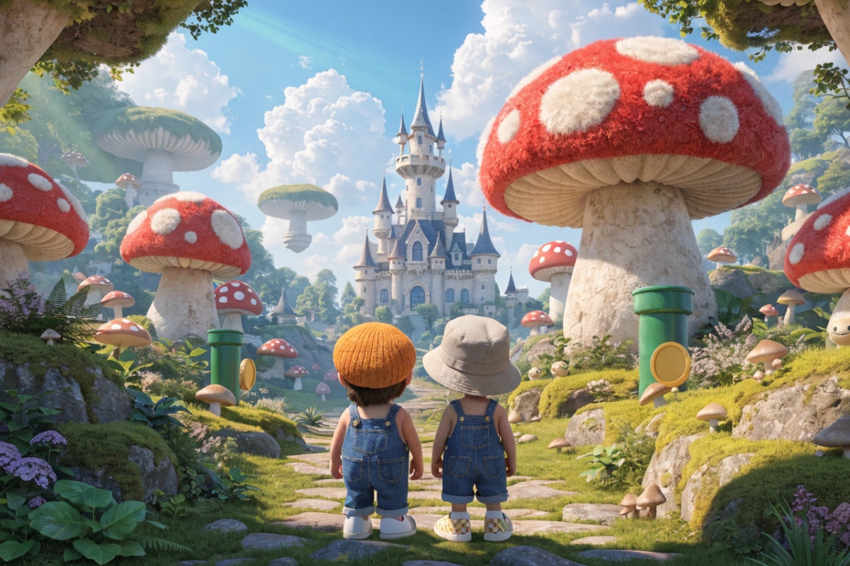 Deux plombiers devant un château entouré de champignons  