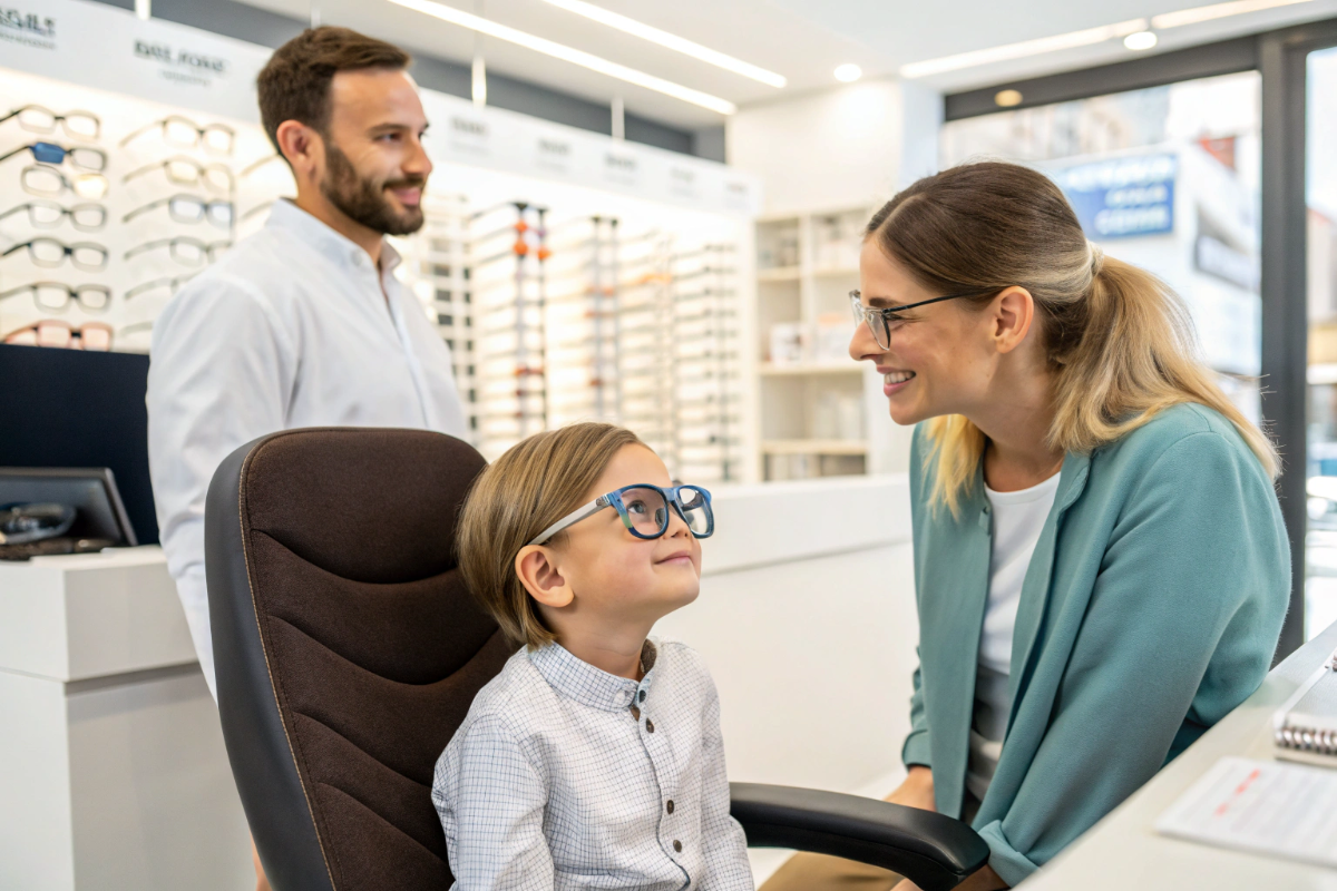 un enfant accompagné de ses parents chez l'opticien