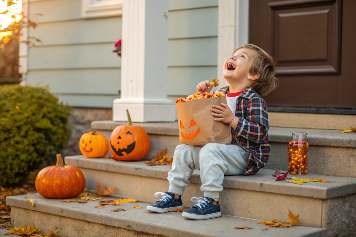 un enfant qui mange des bonbons d’Halloween