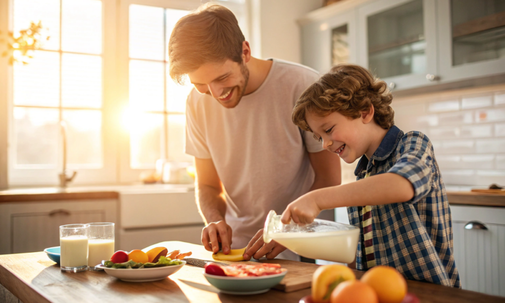 un frère et son petit frère qui préparent le petit-déjeuner