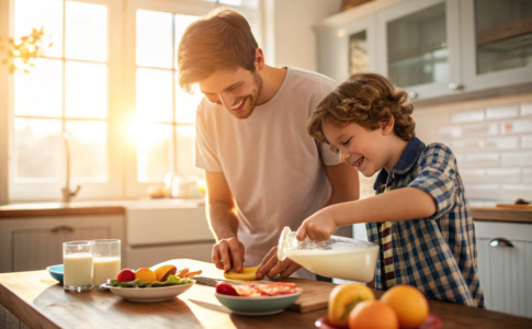 un frère et son petit frère qui préparent le petit-déjeuner