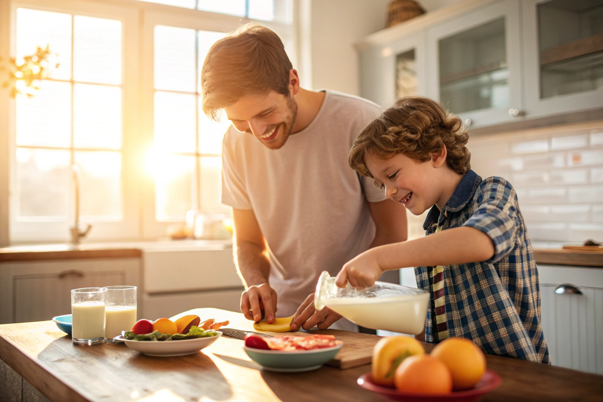 un frère et son petit frère qui préparent le petit déjeuner