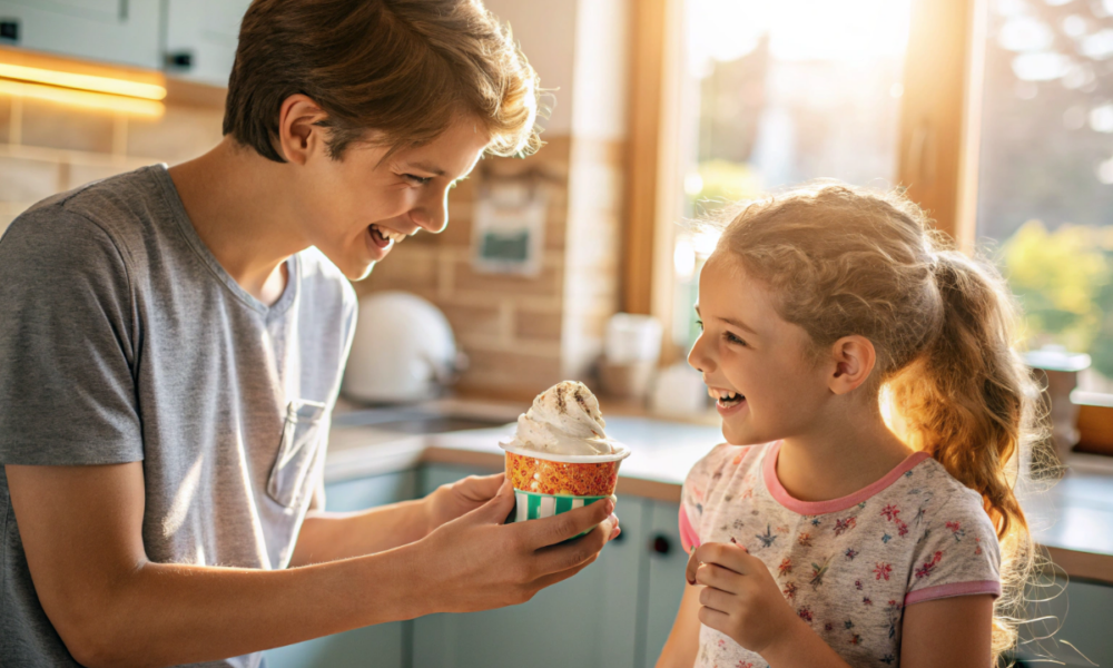 un frère qui offre à sa sœur un sorbet meringué