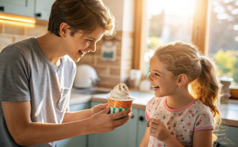 un frère qui offre à sa sœur un sorbet meringué
