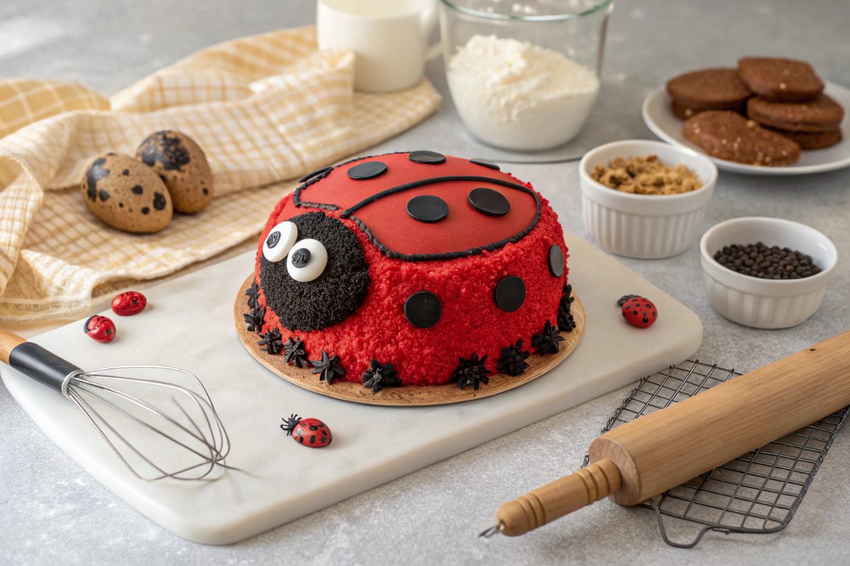 un gâteau coccinelle en préparation