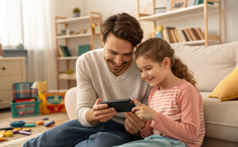 un grand frère et sa petite sœur qui regardent une bande annonce sur un smartphone