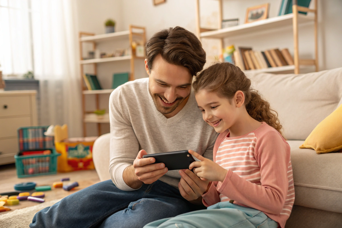 un grand frère et sa petite sœur qui regardent une bande annonce sur un smartphone