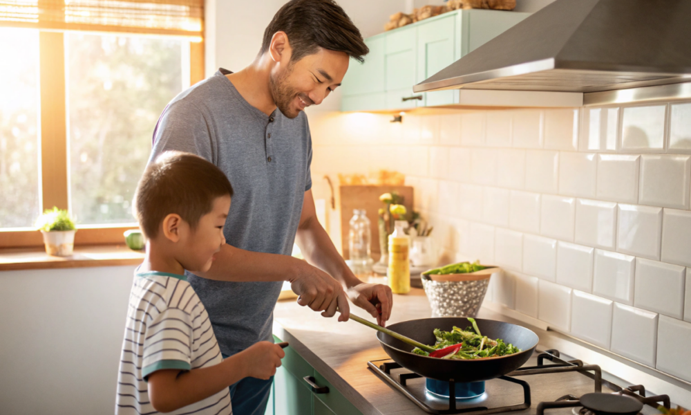 un homme et son fils qui préparent du riz sauté aux légumes