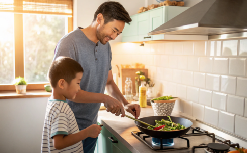 un homme et son fils qui préparent du riz sauté aux légumes