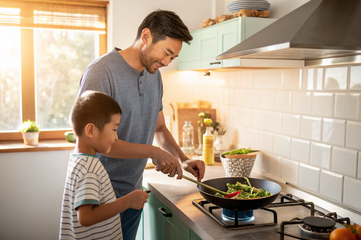 un homme et son fils qui préparent du riz sauté aux légumes