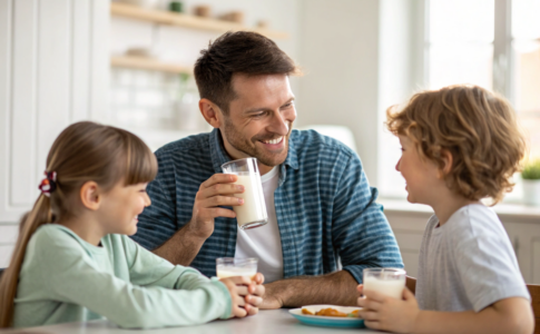 un homme qui boit du lait avec ses enfants