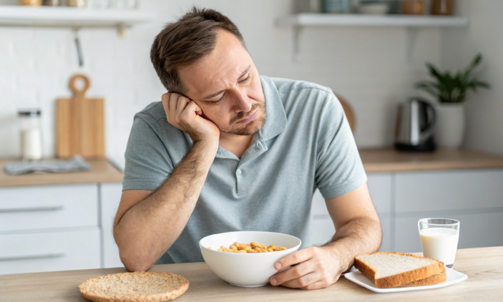 un homme qui pense à son alimentation monotone