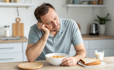 un homme qui pense à son alimentation monotone