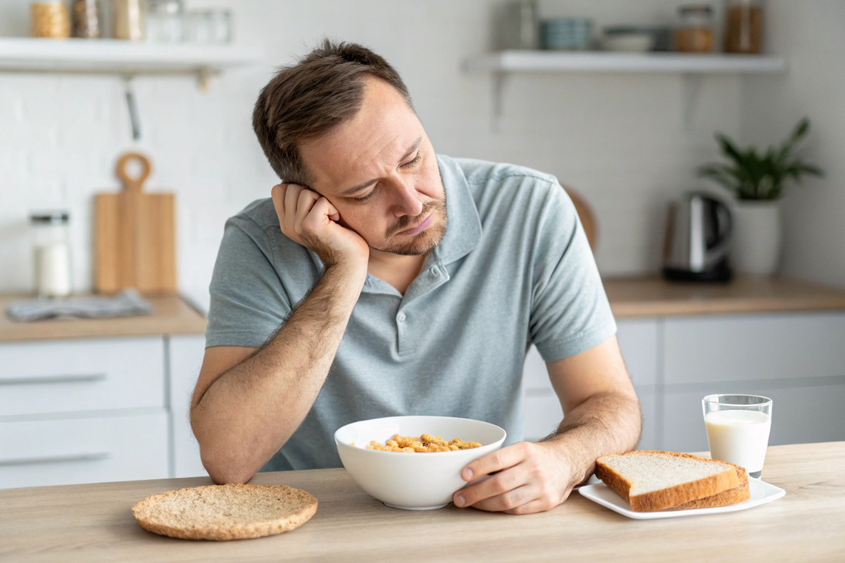 un homme qui pense à son alimentation monotone
