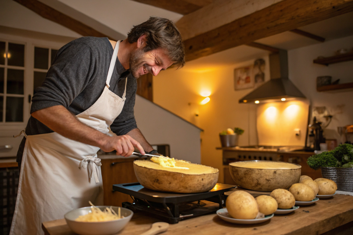 un homme qui prépare des chips géantes à la raclette