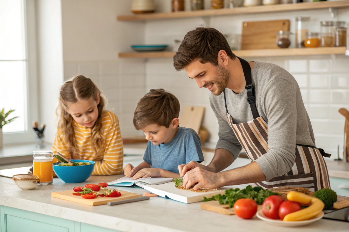 un jeune homme et ses enfants qui suivent des recettes en cuisine