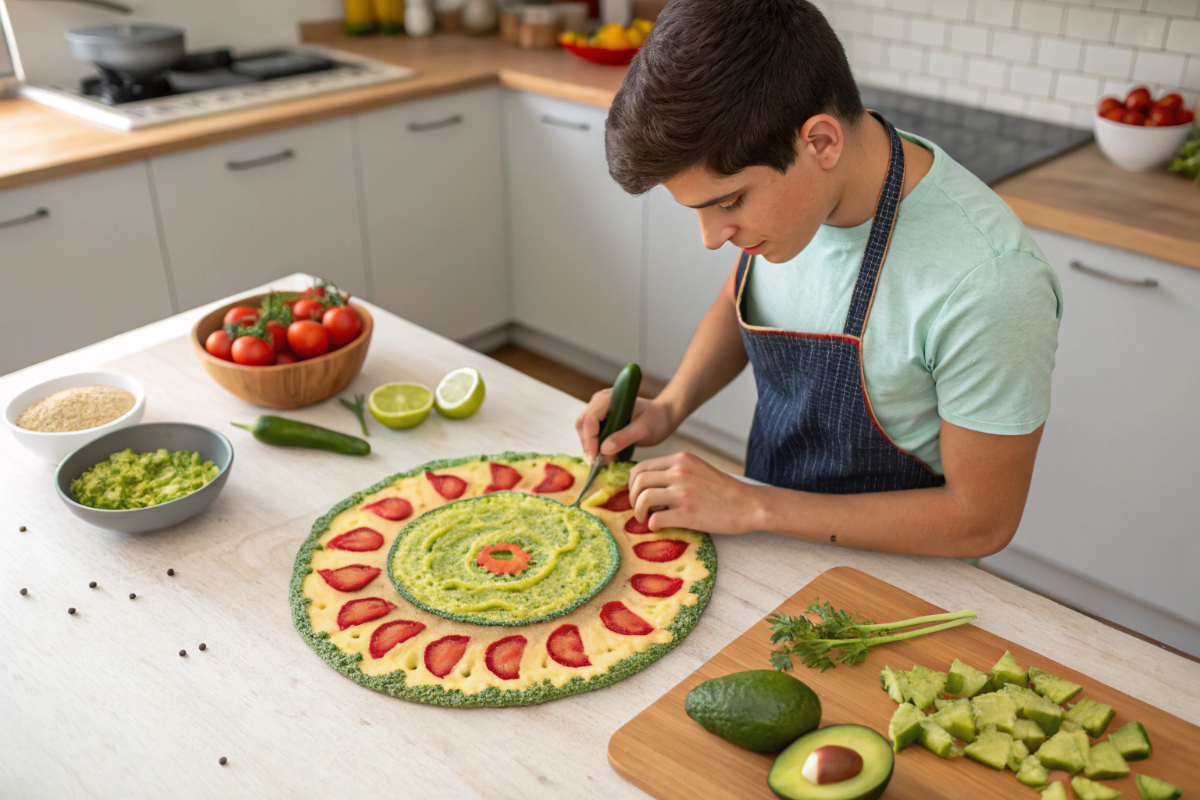 un jeune homme qui prépare du guacamole ensoleillé