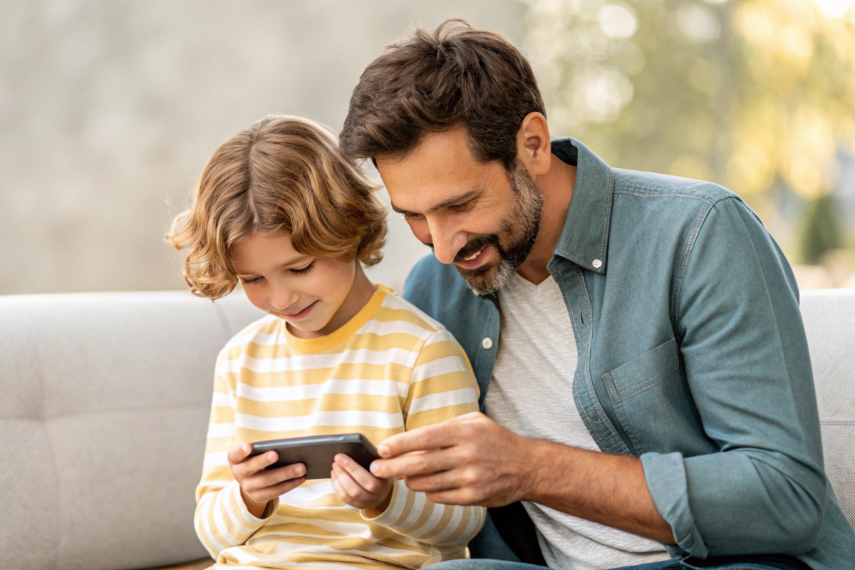 un papa qui explique la géolocalisation à son enfant