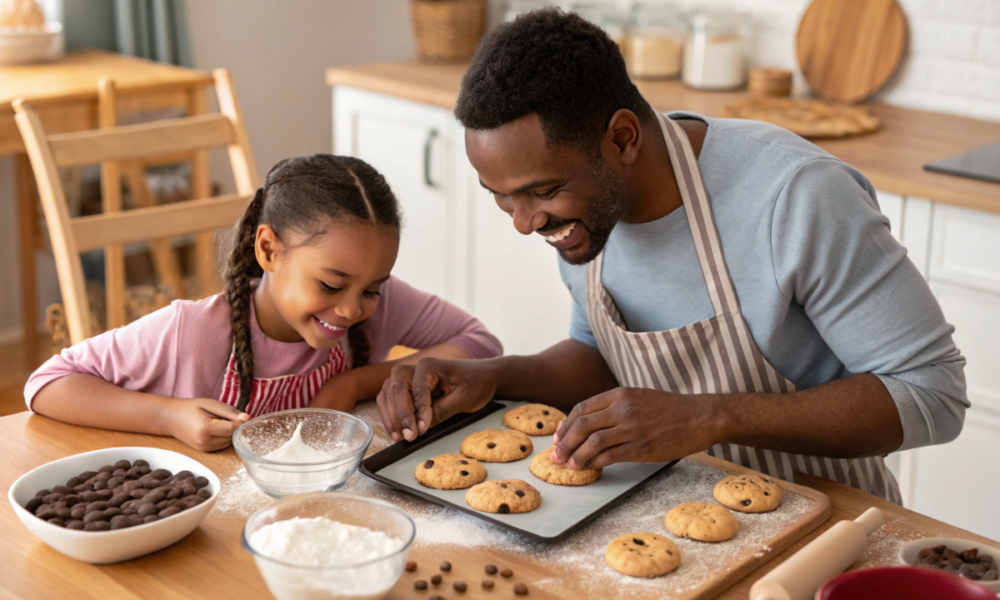 un père et sa fille qui préparent des biscuits chocolatés à l'américaine