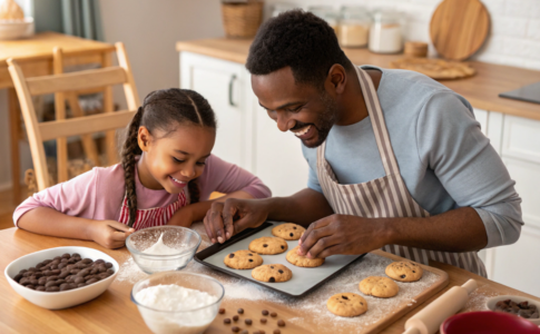 un père et sa fille qui préparent des biscuits chocolatés à l'américaine