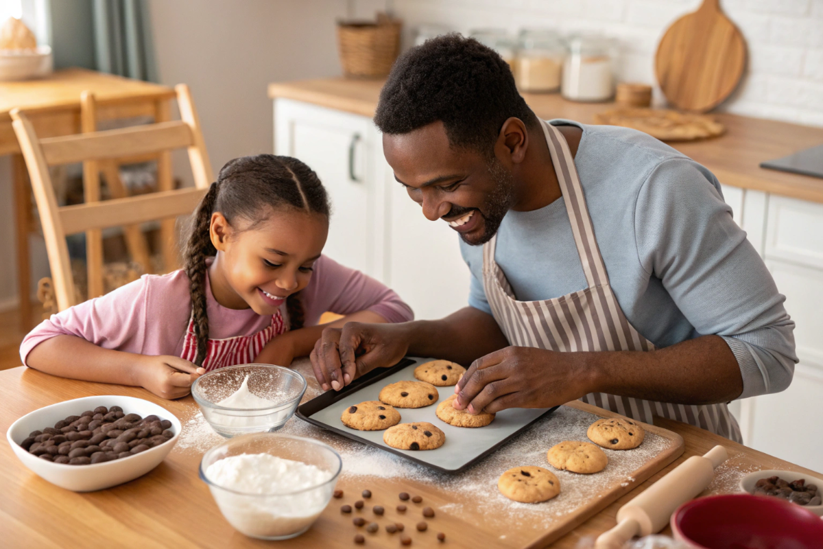 un père et sa fille qui préparent des biscuits chocolatés à l'américaine