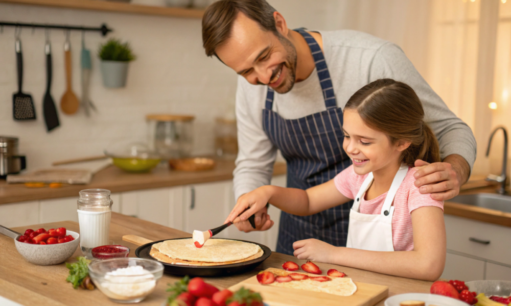 un père et sa fille qui préparent des crêpes fraises-chantilly