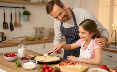 un père et sa fille qui préparent des crêpes fraises-chantilly