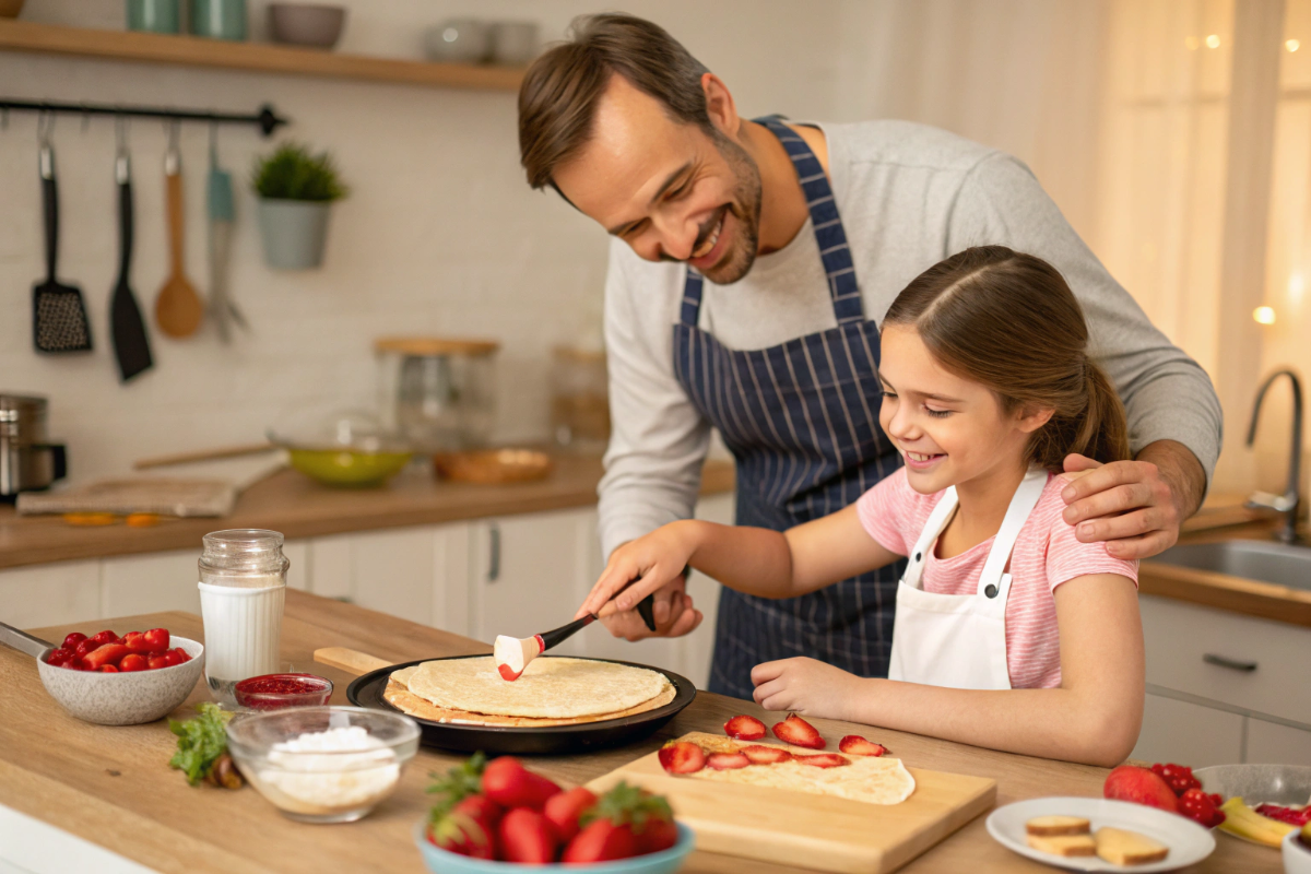 un père et sa fille qui préparent des crêpes fraises-chantilly