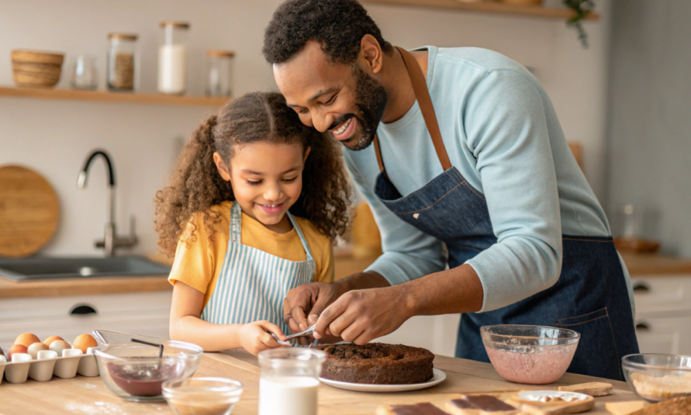 un père et sa fille qui préparent un gâteau choco-mousse