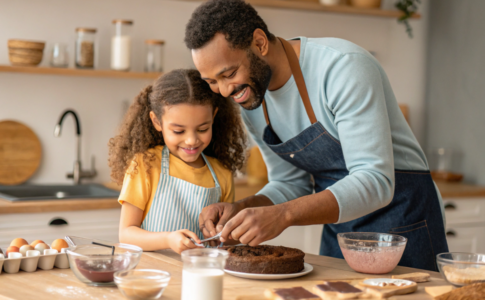 un père et sa fille qui préparent un gâteau choco-mousse