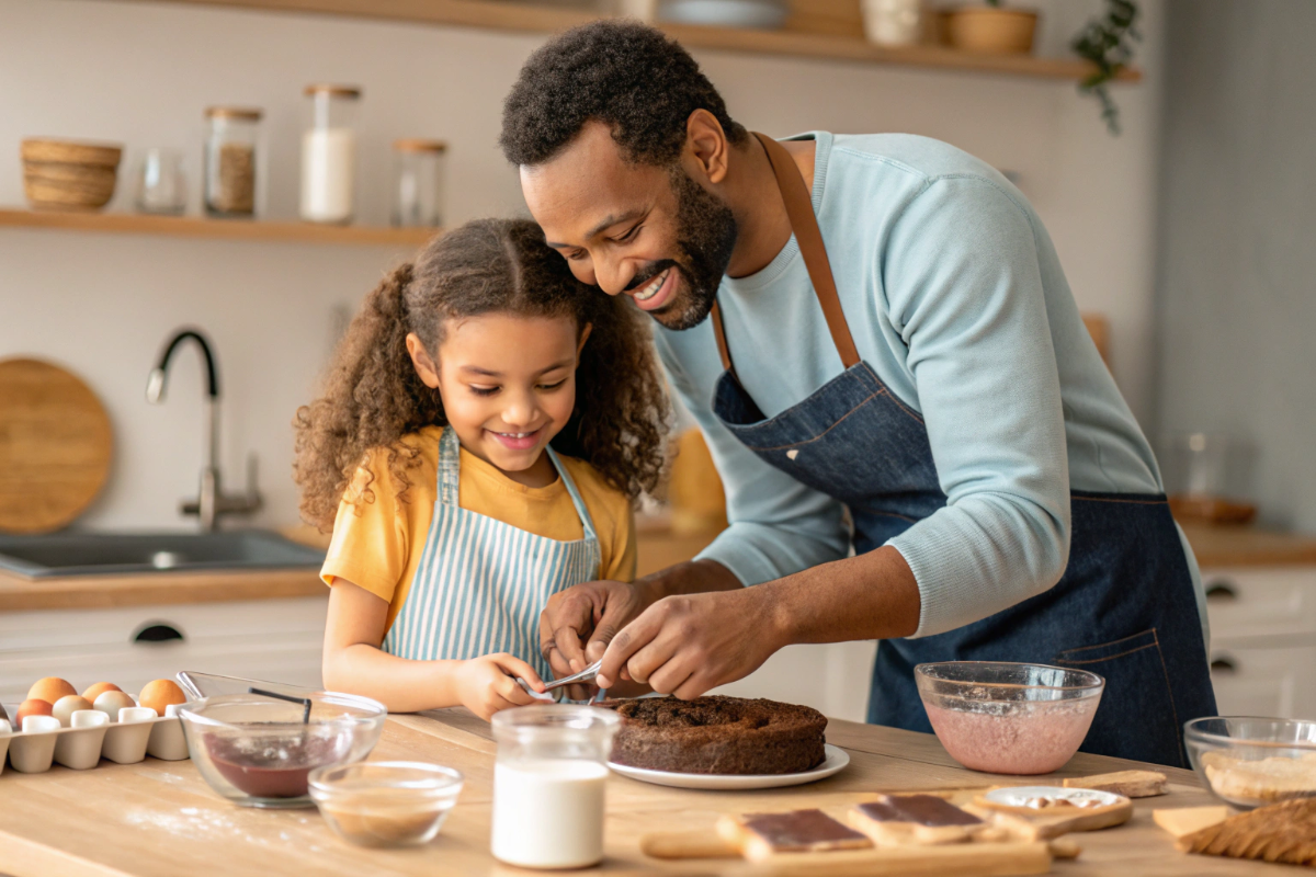 un père et sa fille qui préparent un gâteau choco-mousse