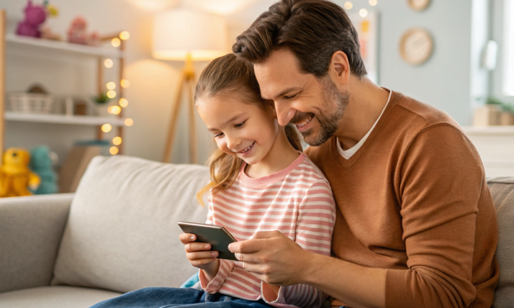 un père et sa fille qui regardent une bande-annonce sur un smartphone