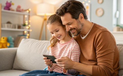 un père et sa fille qui regardent une bande-annonce sur un smartphone