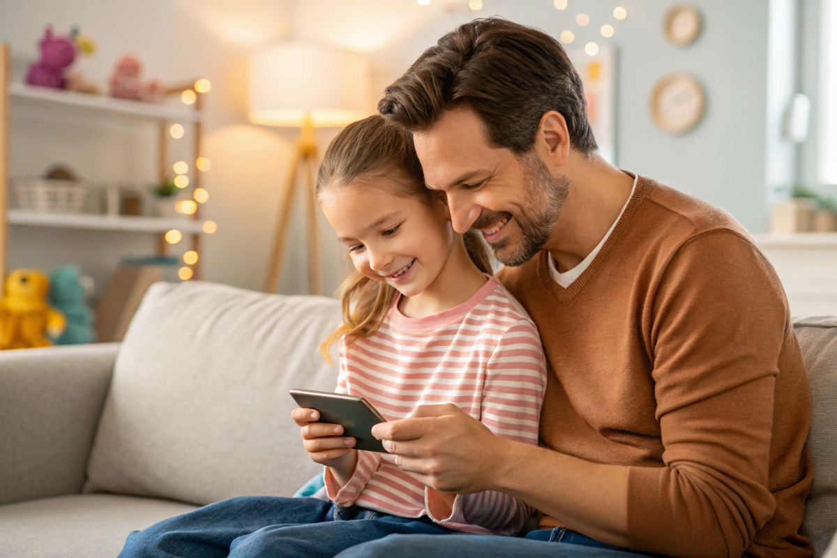 un père et sa fille qui regardent une bande-annonce sur un smartphone