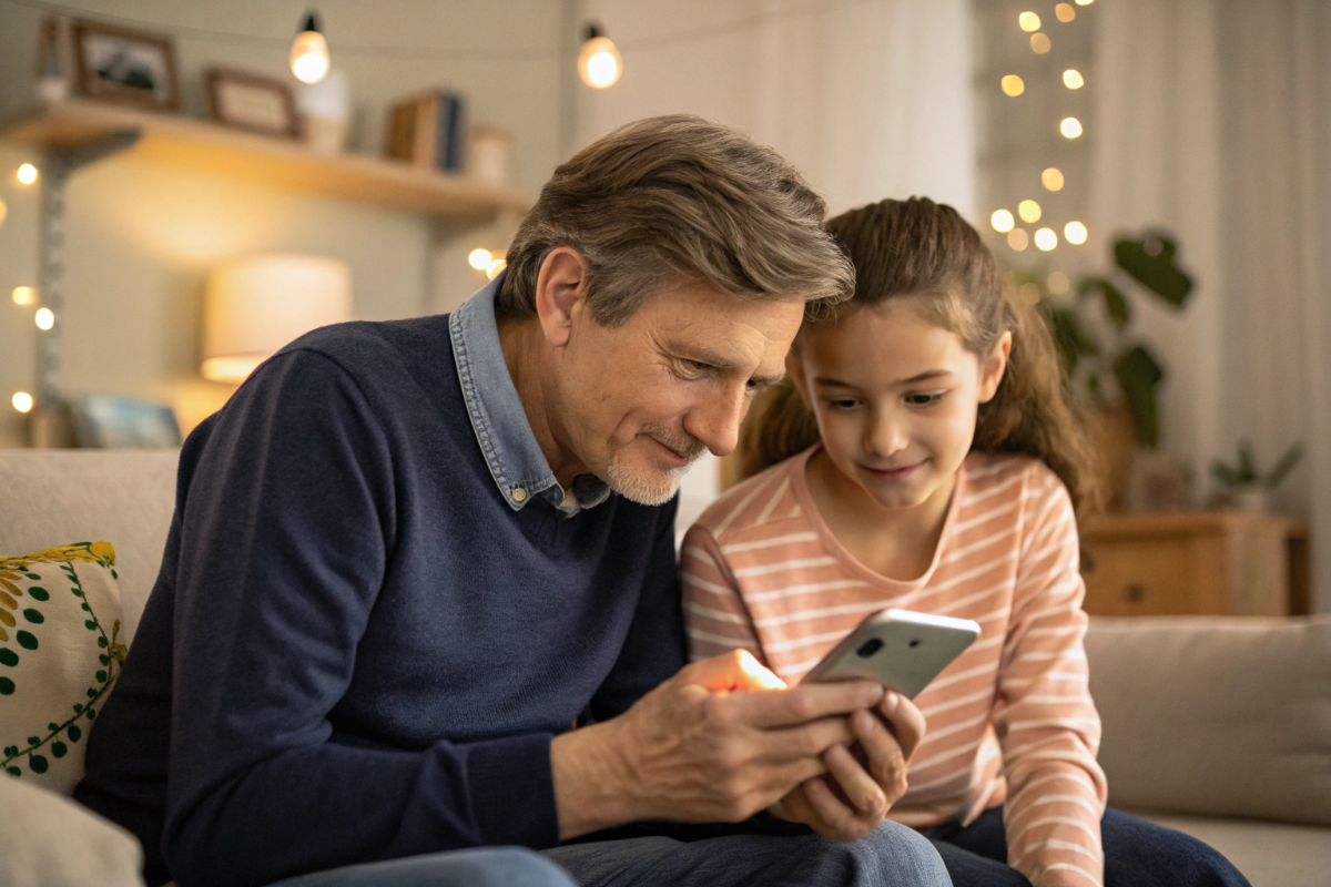 un père et sa petite fille qui regardent une bande annonce sur un smartphone