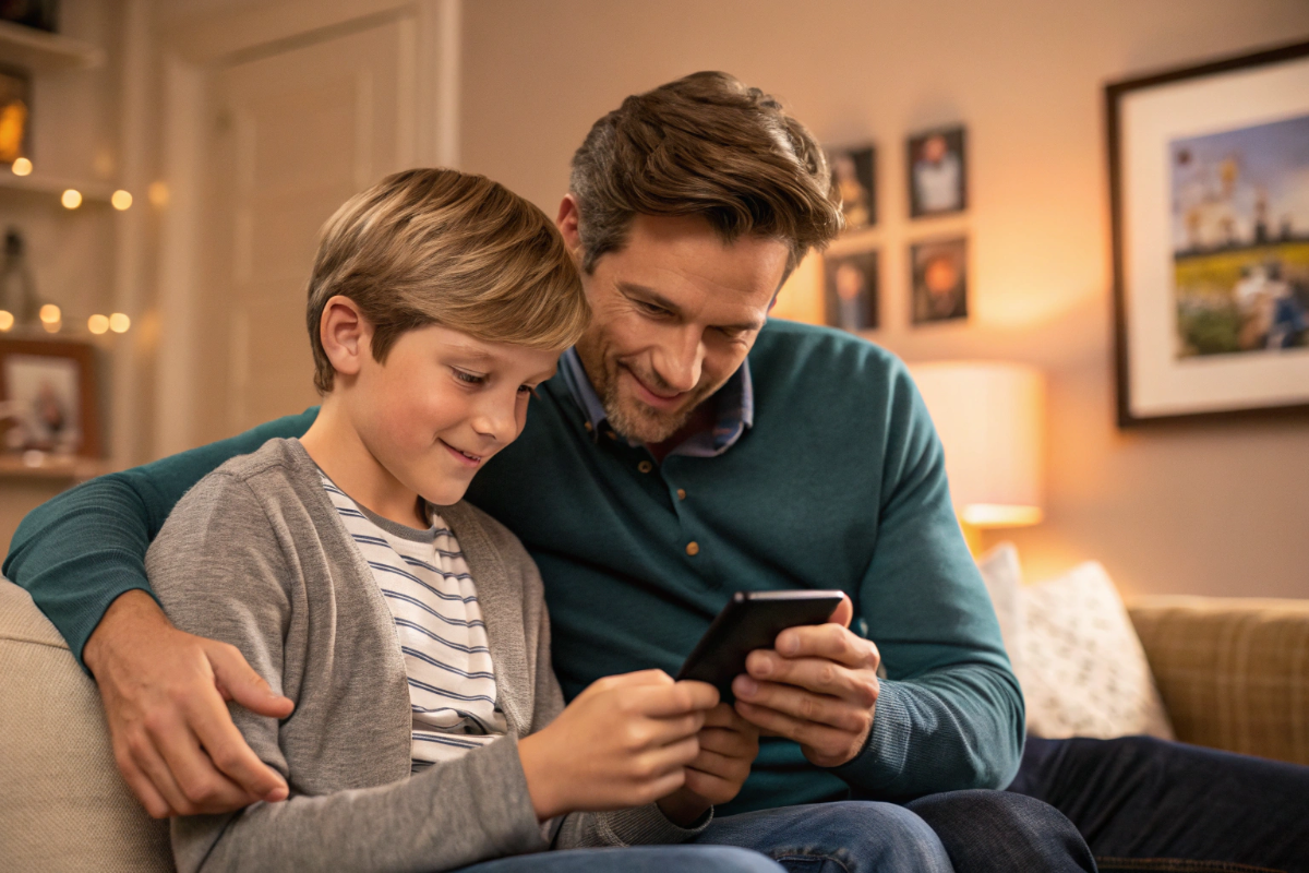 un père et son fils qui cherchent une bande-annonce sur un smartphone