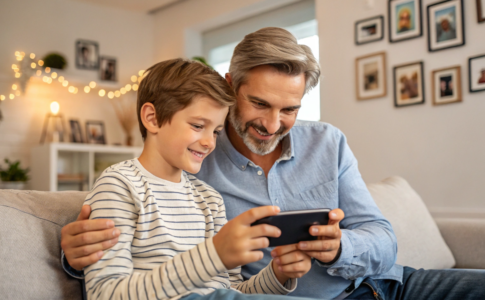 un père et son fils qui visionnent une bande-annonce sur un smartphone