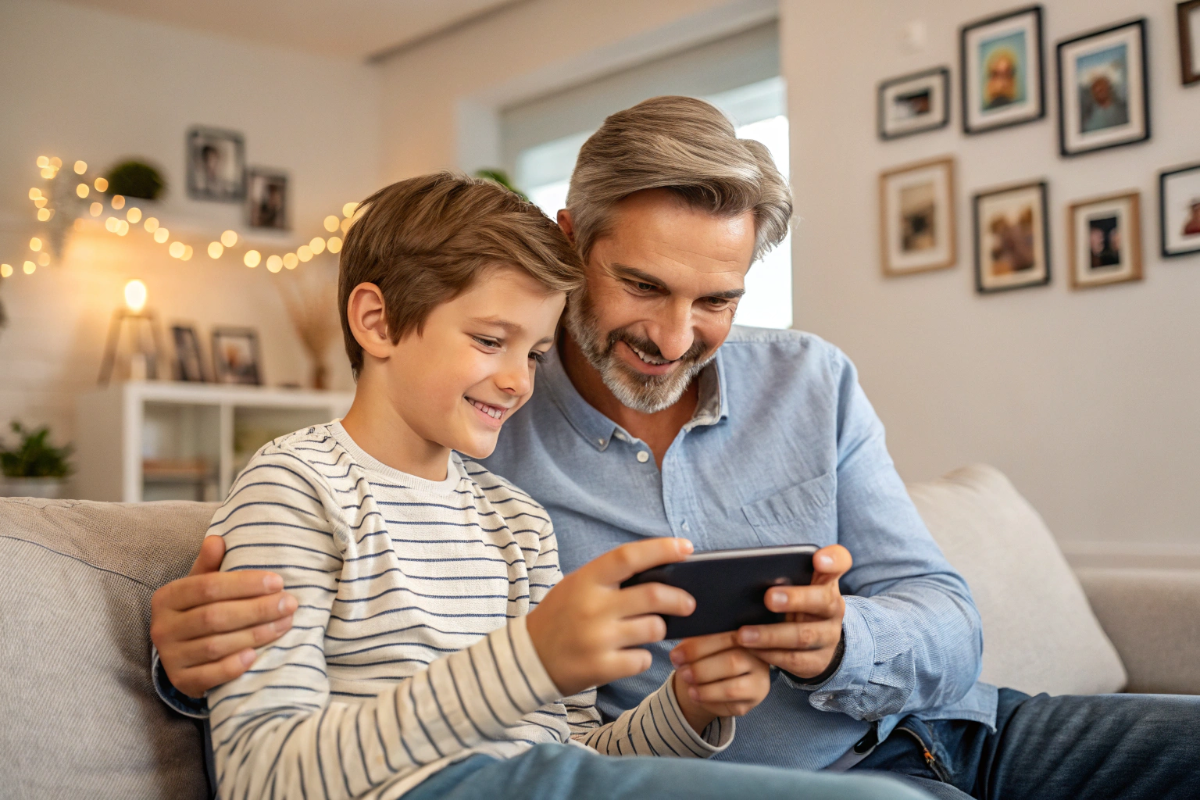 un père et son fils qui visionnent une bande-annonce sur un smartphone